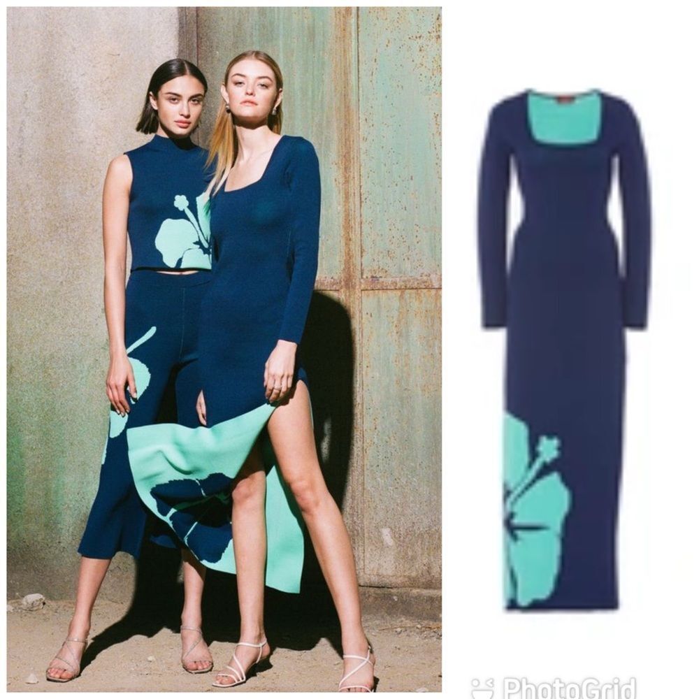 NEW Staud Carota Hibiscus Jacquard Long Sleeve Midi Dress Blue Size Large